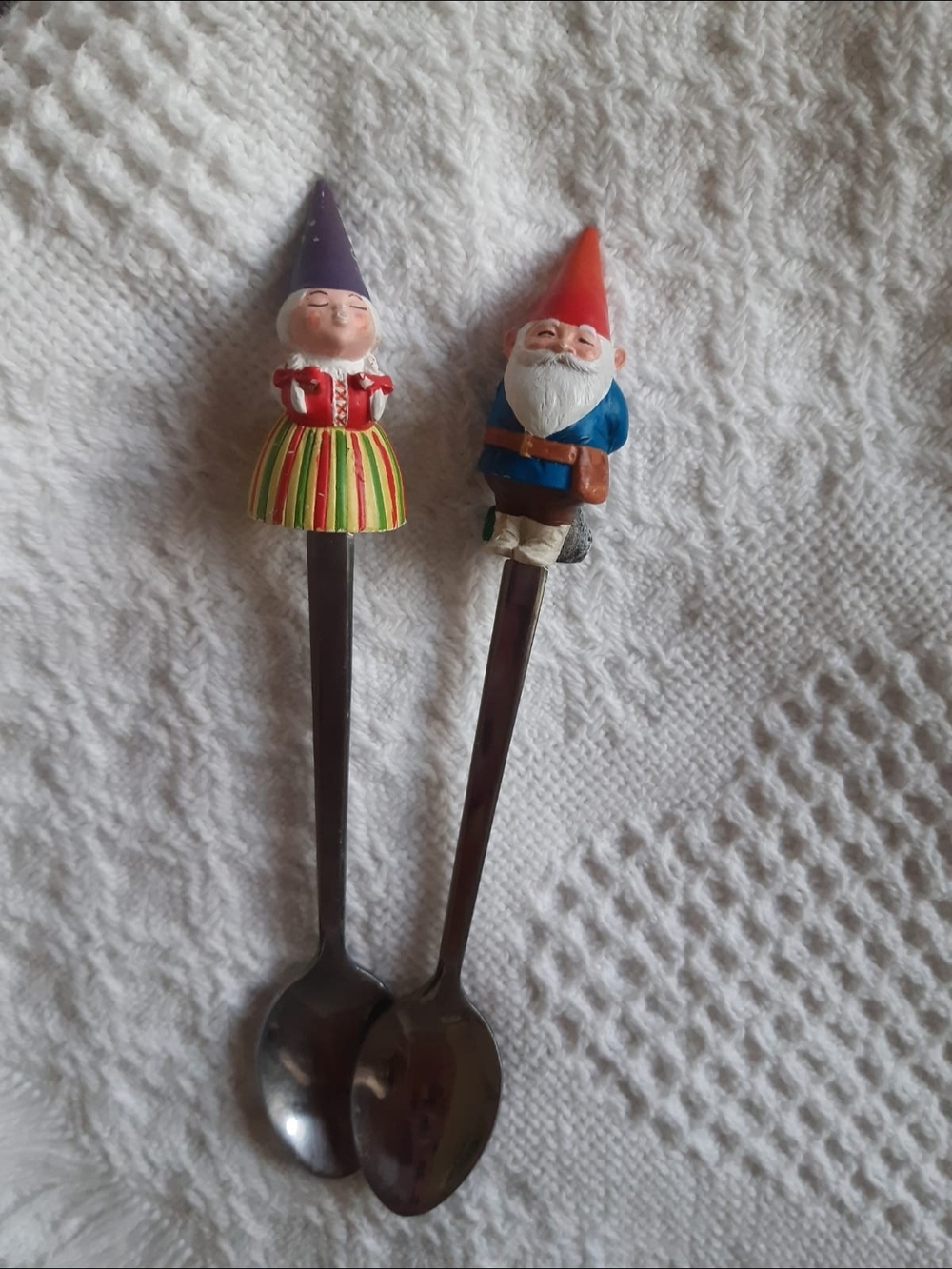 Vintage Pair of Gnome Decorative Spoons - Red, Blue, Purple Accents